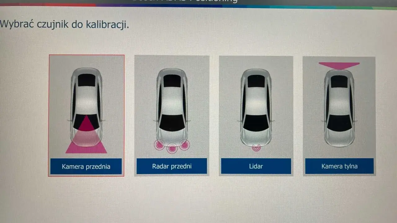 System ADAS: wybór czujnika do kalibracji - kamera przednia, radar, lidar, kamera tylna.