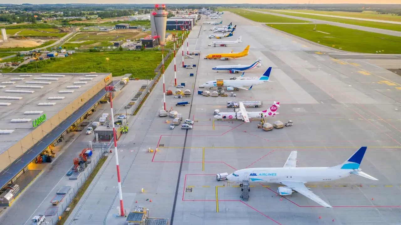 Lotnisko Katowice-Pyrzowice, samoloty ASL Airlines, DHL, Ryanair i inne czekają na loty do Dortmundu i innych miejsc.