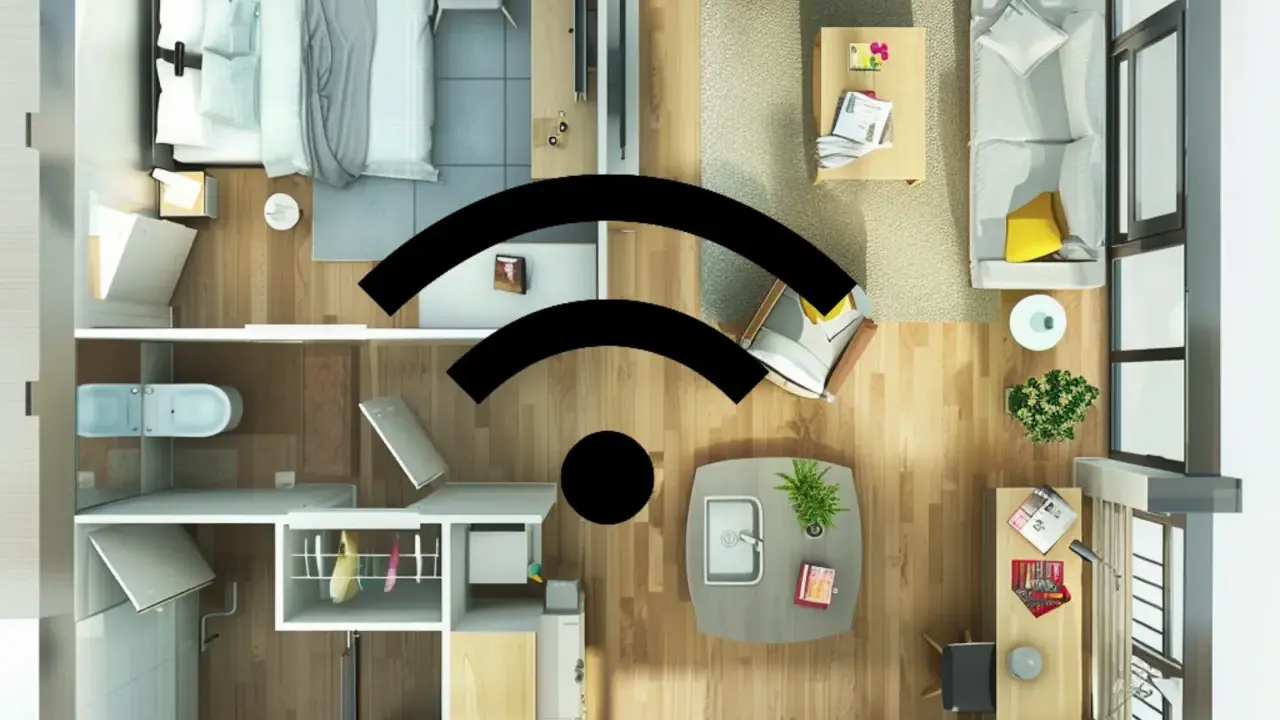 Grundriss einer Wohnung mit WLAN-Symbolen, die schlechtes WLAN andeuten. Was tun?