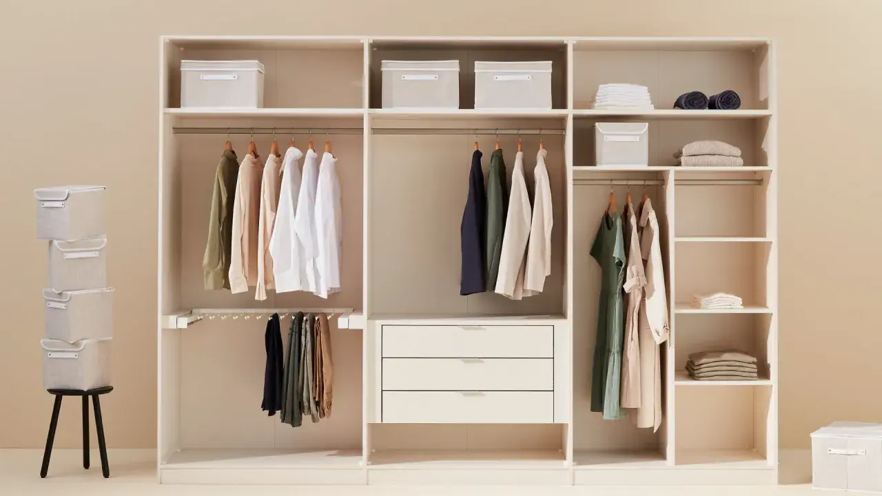 Ein aufgeräumter Kleiderschrank sortieren: Hemden, Hosen und Kleider hängen ordentlich an Kleiderbügeln. Stoffboxen und gefaltete Kleidung auf Regalen sorgen für Ordnung.