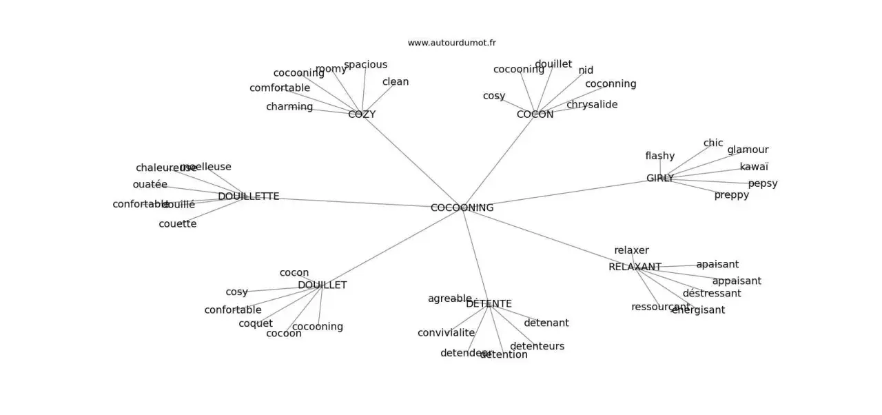Carte mentale explorant le concept de "cocooning" et ses synonymes : douillet, cosy, relaxant, confortable, chaleureux, nid douillet.