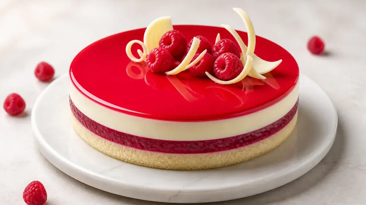 Entremet vanille et framboise, glacé rouge vif, décoré de fruits rouges et de copeaux de chocolat blanc.