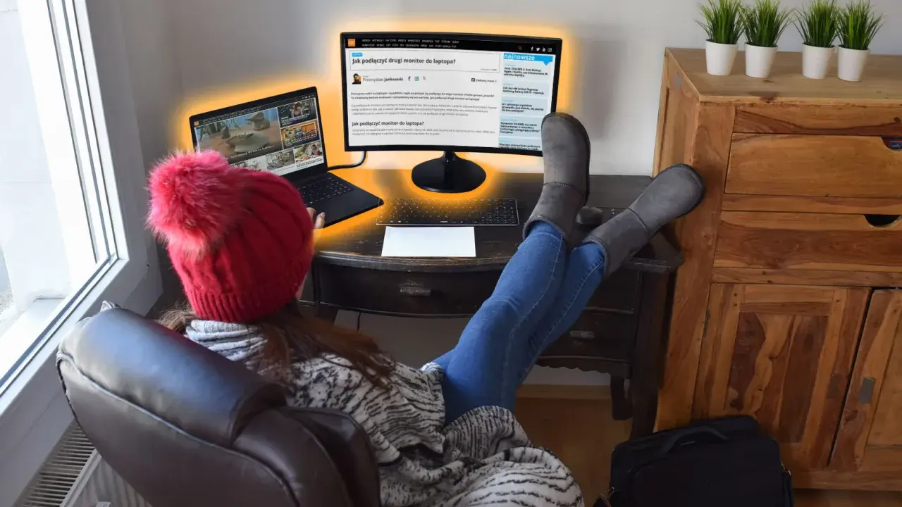 Kobieta w czerwonej czapce i szarych kozakach pracuje przy laptopie i zewnętrznym monitorze.