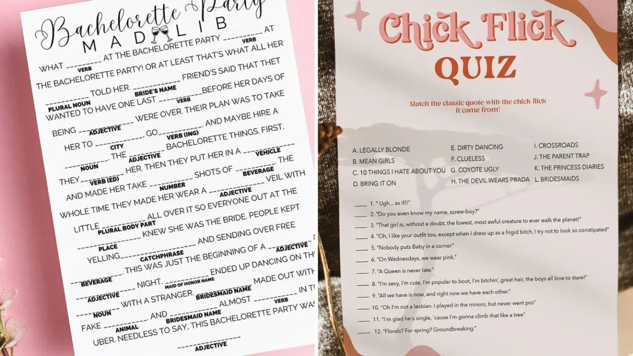 Juegos para despedida de soltera: un divertido juego de Mad Libs y un quiz de películas románticas para celebrar a la futura novia.