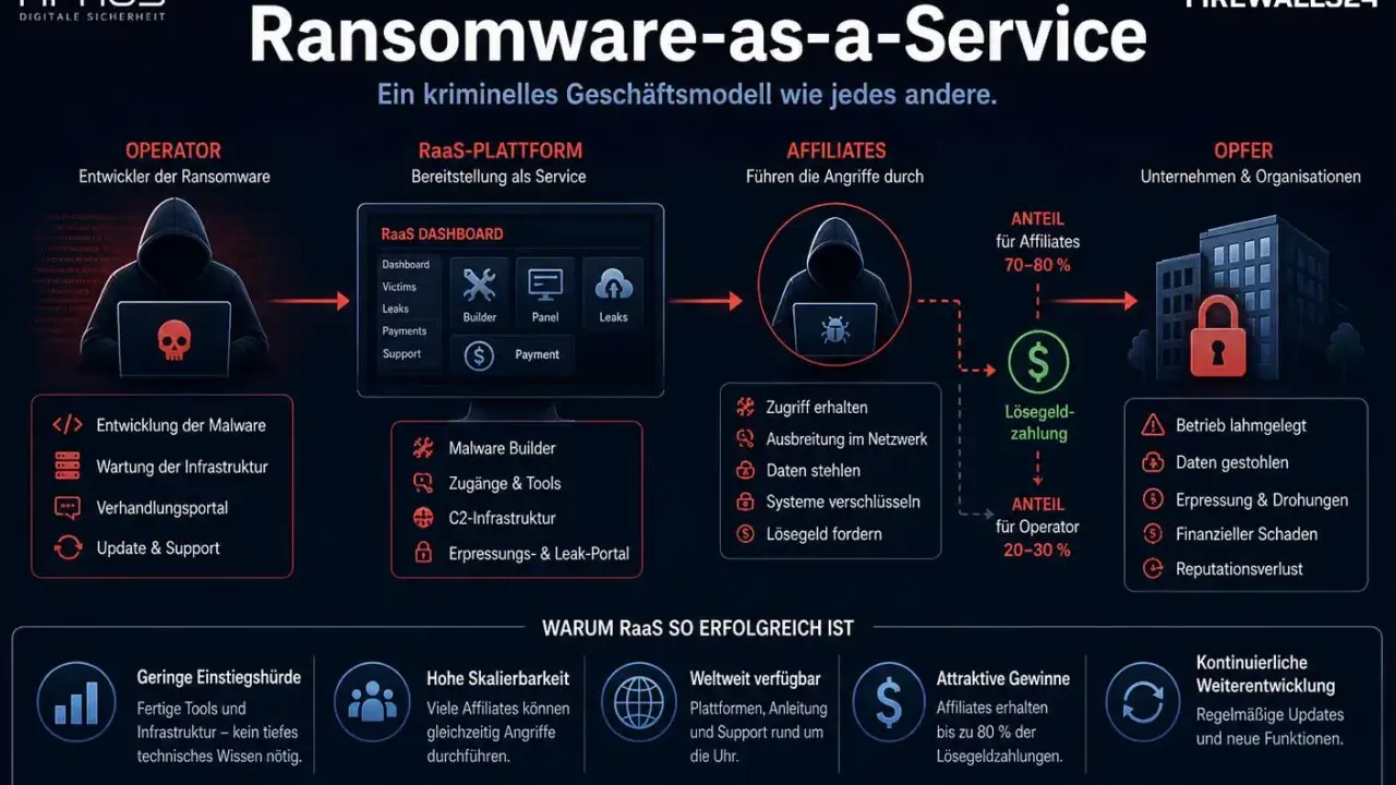 Ransomware-as-a-Service-Modell: Operator entwickelt Malware, Affiliates führen Angriffe aus, Opfer zahlen Lösegeld.