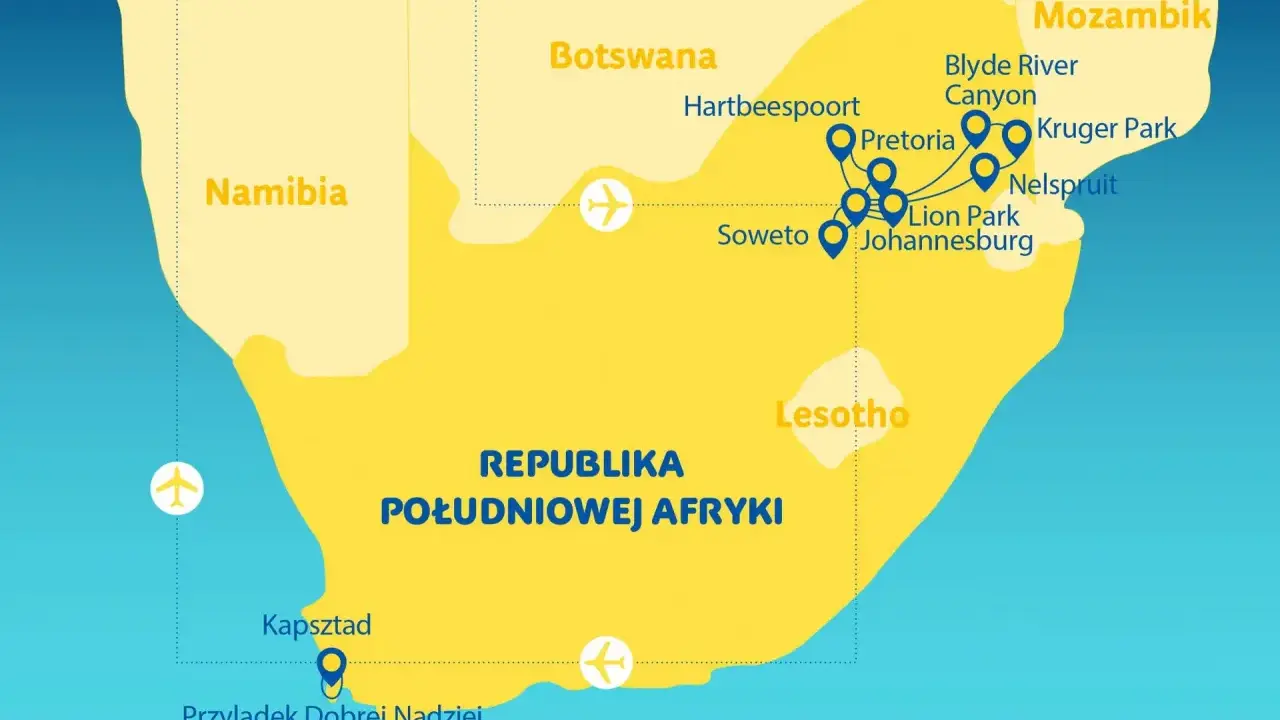 Mapa pokazuje Republikę Południowej Afryki, gdzie leży Kapsztad na południowym krańcu, blisko Przylądka Dobrej Nadziei.