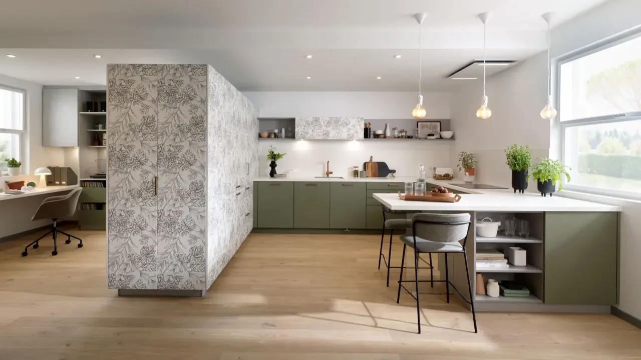 Cuisine moderne avec îlot central, murs décorés de motifs végétaux. Quel mur peindre en couleur ? Les meubles verts s'harmonisent avec le bois clair.