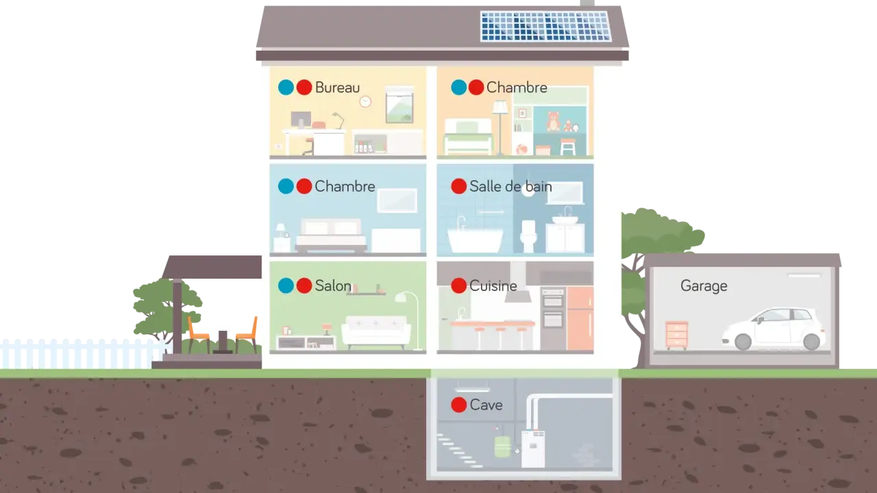 Illustration d'une maison avec ses pièces (bureau, chambres, salon, cuisine, salle de bain, cave, garage). Utile pour savoir comment calculer le nombre de pièces pour une assurance habitation.