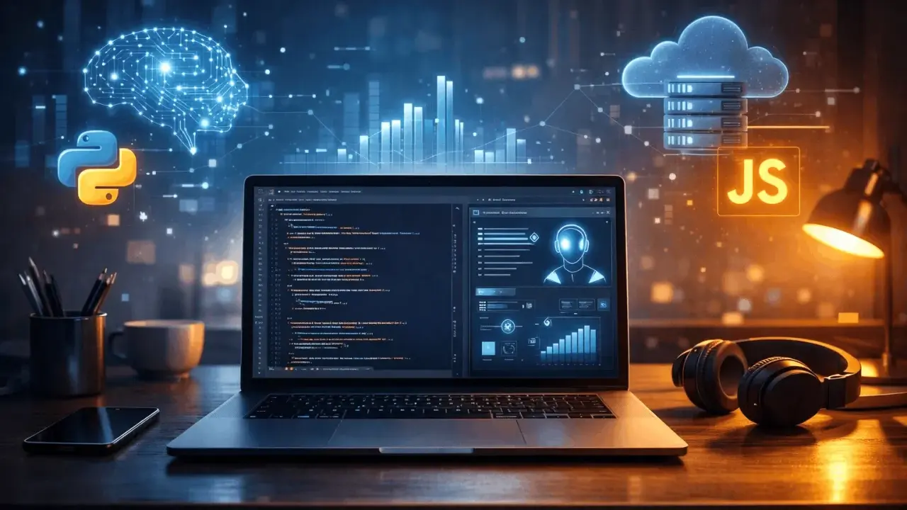 Laptop z kodem, ikony Pythona i JS, mózg AI, chmura danych. To inspiracja, jak zostać programistą od zera.