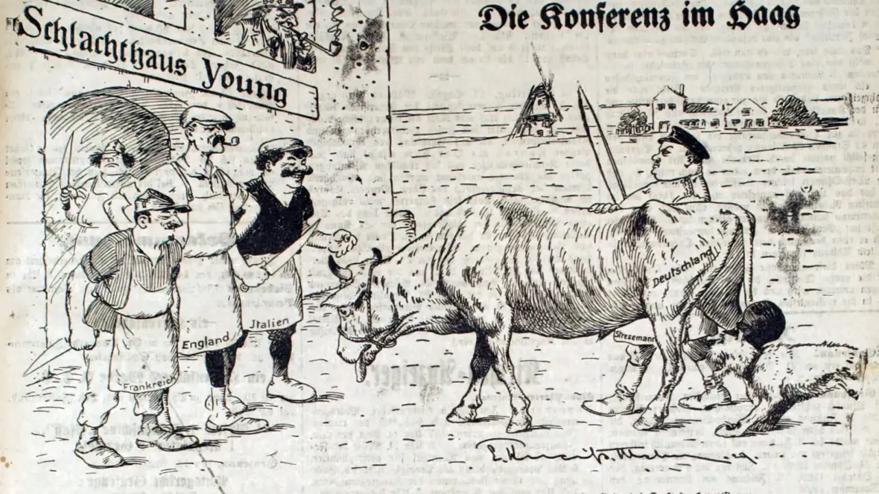 Karikatur: "Schlachthaus Young" zeigt Deutschland als Rind, das von Stresemann und anderen Nationen bedrängt wird. Ein junger Plan zur Konferenz in Den Haag.