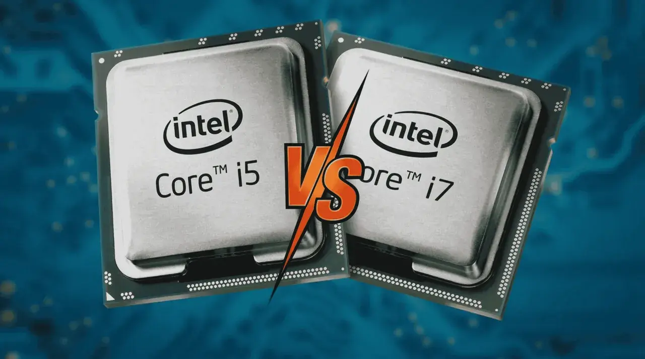 Deux processeurs Intel Core i5 et i7, symboles de la puissance d'un cpu ordi, s'affrontent sur fond bleu circuit imprimé.