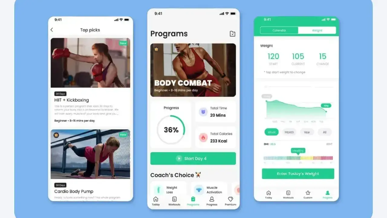 Aplikacja fitness iPhone z programami treningowymi, takimi jak Kickboxing i Body Combat, oraz śledzeniem wagi i postępów.