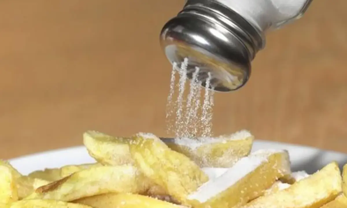 Salzstreuer rieselt Salz auf Pommes. Zu viel Salz essen kann zu Problemen führen.