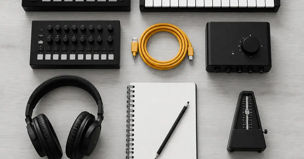 Clavier, casque, câble jaune, carnet, crayon, métronome et interface audio : tout pour une musique creative.