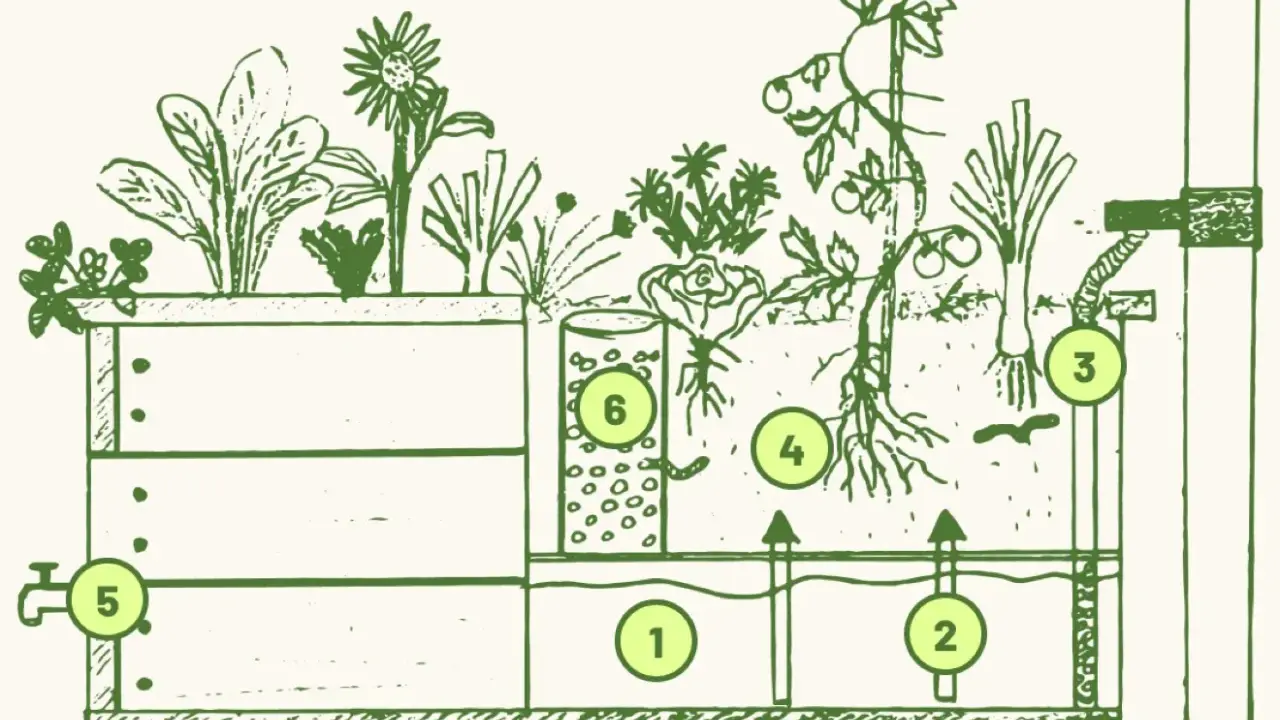 Schéma d'un bac de culture hors-sol, un "wicking bed", montrant le réservoir d'eau (1, 2), le trop-plein (3), les racines des plantes (4), le robinet de vidange (5) et le tube d'arrosage (6).