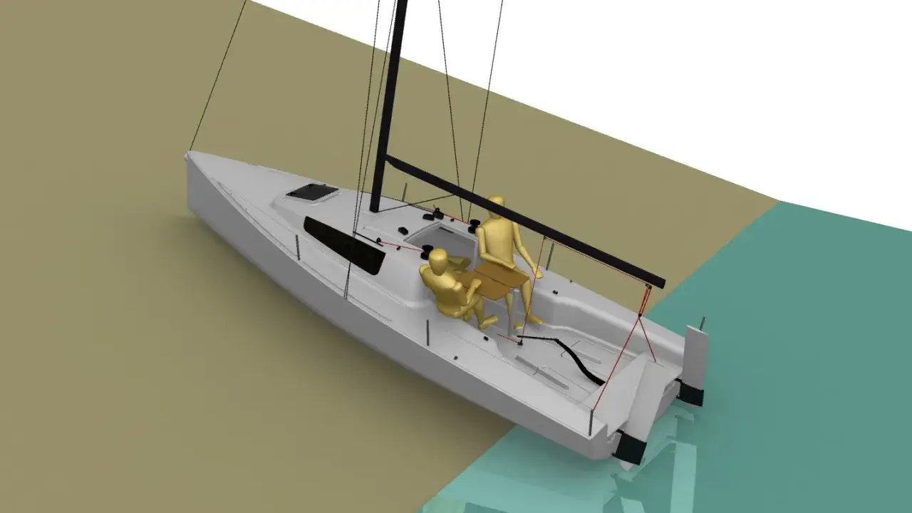 Un voilier blanc avec deux mannequins dorés, prêt pour une aventure seascape 24. L'eau turquoise reflète le ciel blanc.