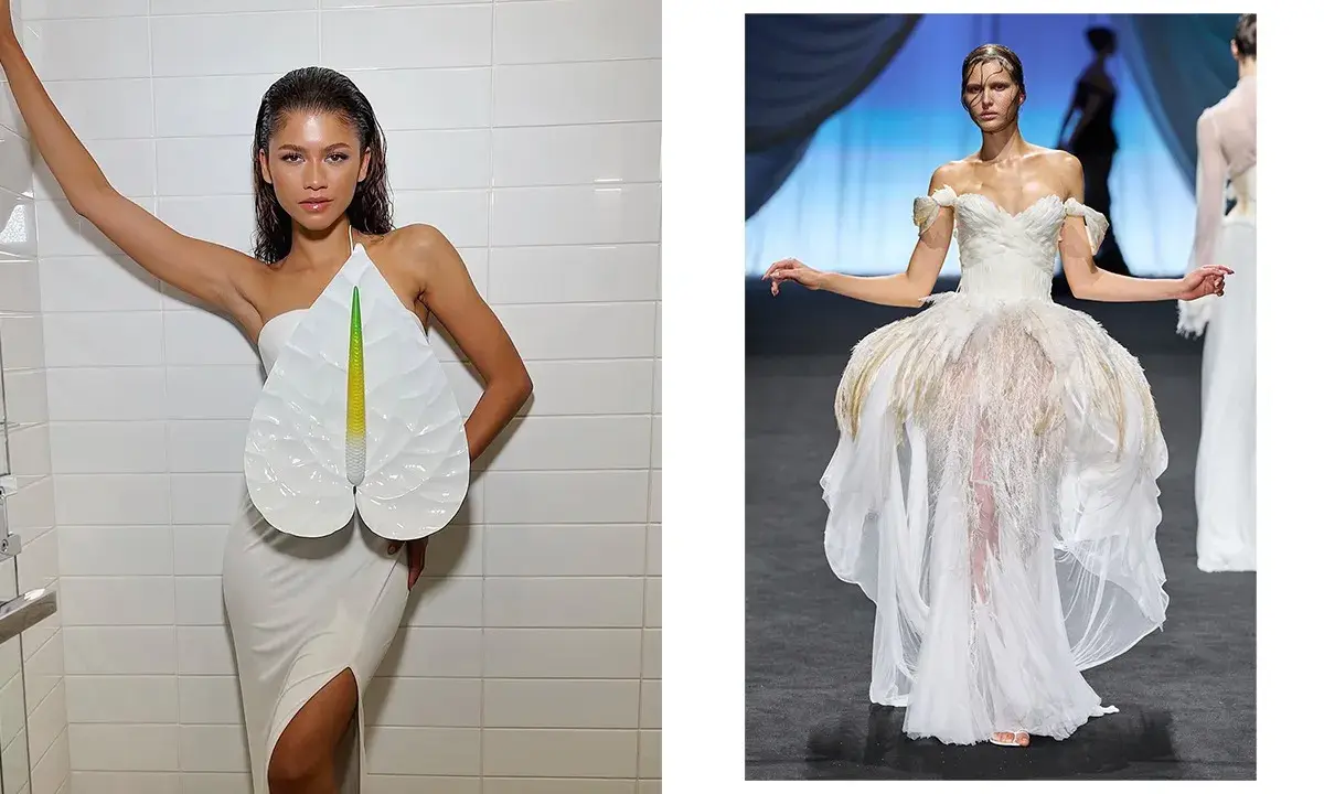 Zendaya stuns in a unique white gown with a floral accent, and another model showcases a dramatic, feathered wedding dress.