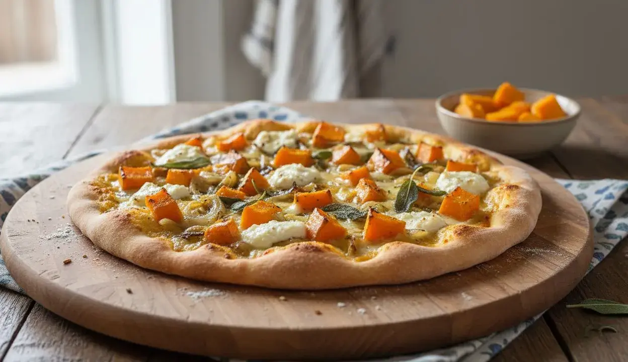 Pizza gourmande aux dés de courge, fromage frais et oignons caramélisés. Un délice automnal !