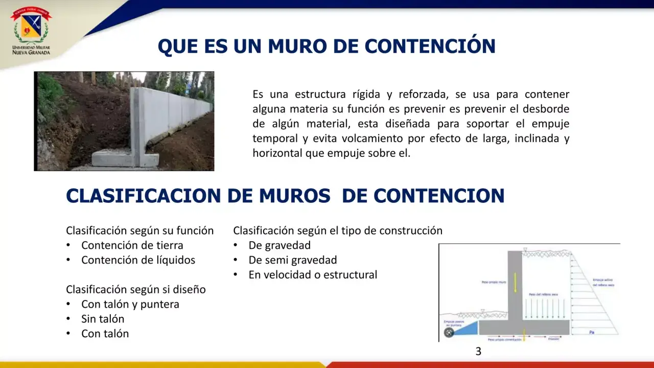Muro de contención de hormigón que retiene tierra. Se explican clasificaciones de muros de contención.