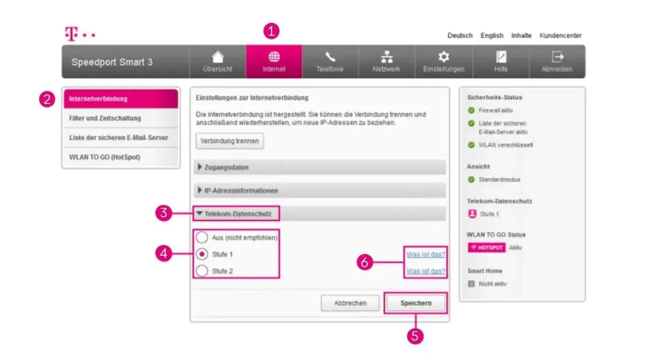 Telekom Speedport Smart 3: Einstellungen für sicheres WLAN. Die Option "Telekom-Datenschutz" ist auf Stufe 1 eingestellt.