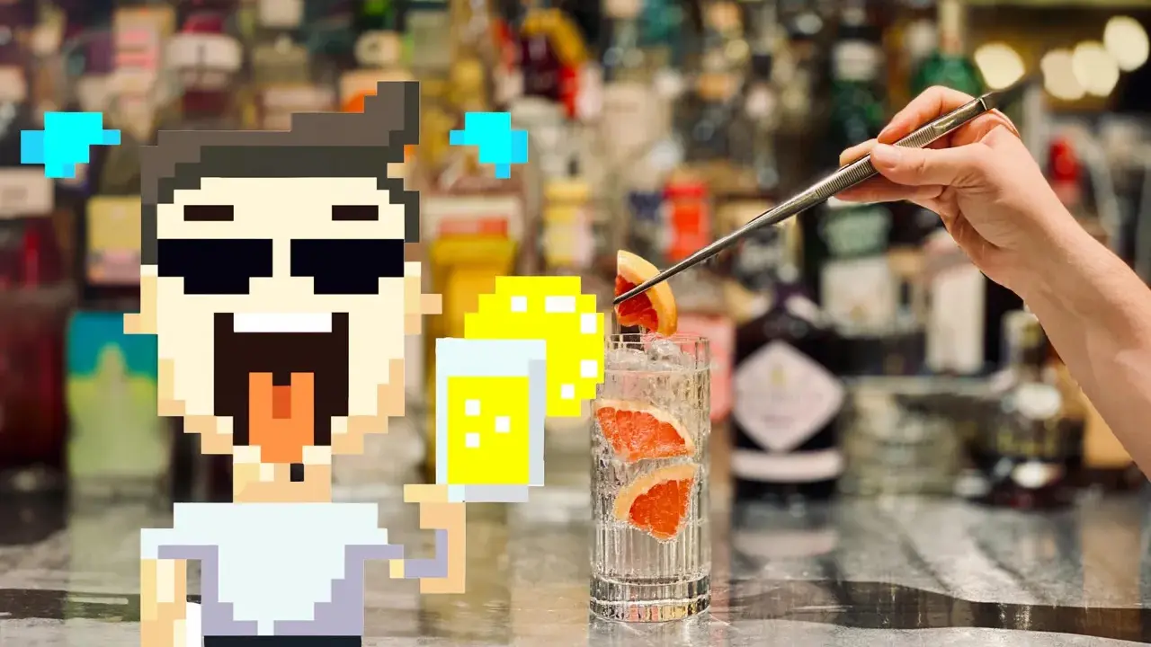 Pixel-Mann freut sich auf seinen Gin Tonic. So trinkt man ihn: Eis, Grapefruit und Tonic Water.