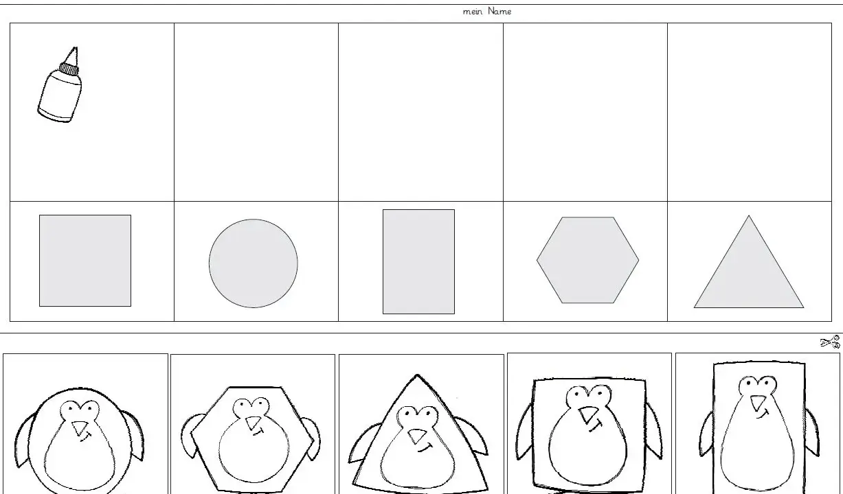 Arbeitsblatt: Formen lernen Kinder zum Ausdrücken. Finde die passenden Formen für die Pinguine. Quadrat, Kreis, Rechteck, Sechseck, Dreieck.