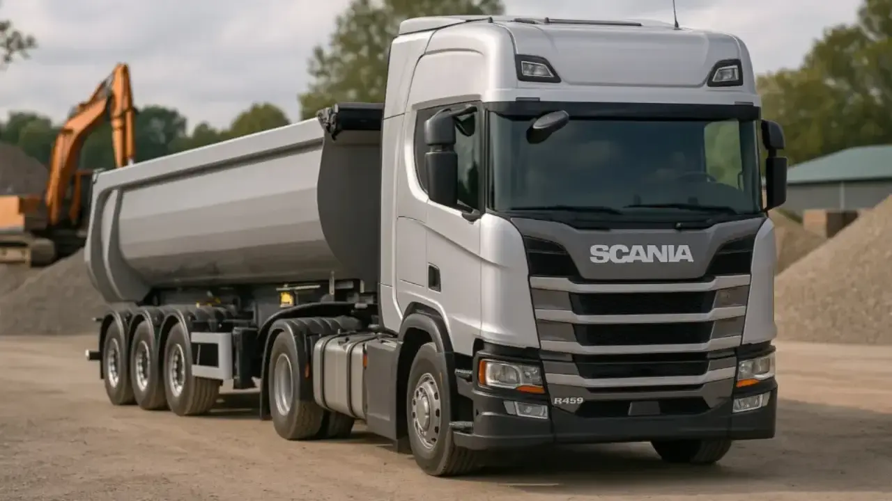 Srebrna wywrotka Scania R459 z naczepą, gotowa do transportu kruszywa. Sprawdź, jaka jest tłuczeń cena za wywrotkę.