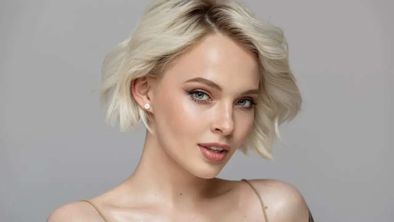 Mujer joven con cabello rubio platino y piel clara, con pecas sutiles y ojos azules penetrantes.