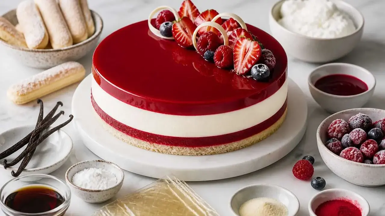 Gâteau glacé aux fruits rouges, avec des fraises, framboises et myrtilles. La décoration entremet fruit rouge est sublimée par un glaçage miroir éclatant.