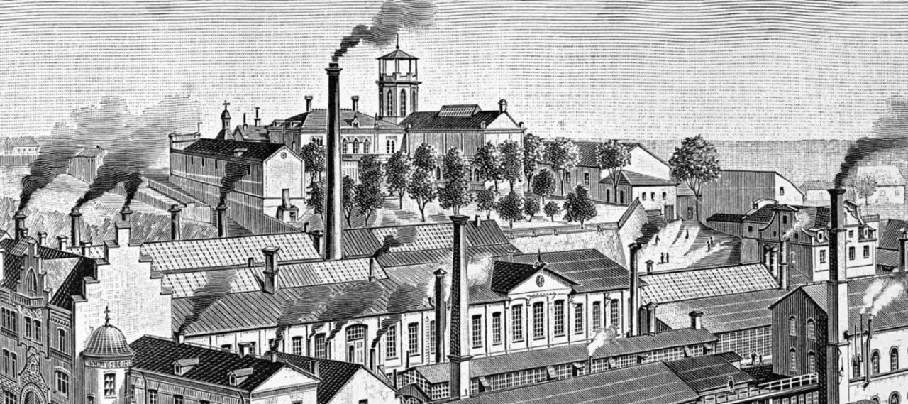 En illustration av en stad med många fabriker och skorstenar som ryker, en scen som speglar industrialiseringen i Sverige.