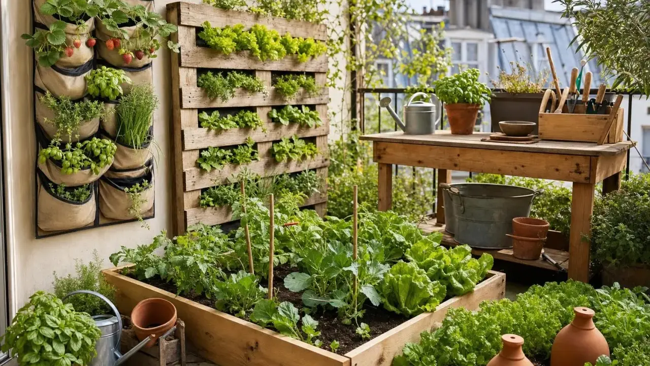 Un balcon luxuriant avec des fraises, des salades et des herbes aromatiques. Idéal pour savoir que faire pousser sur son balcon.