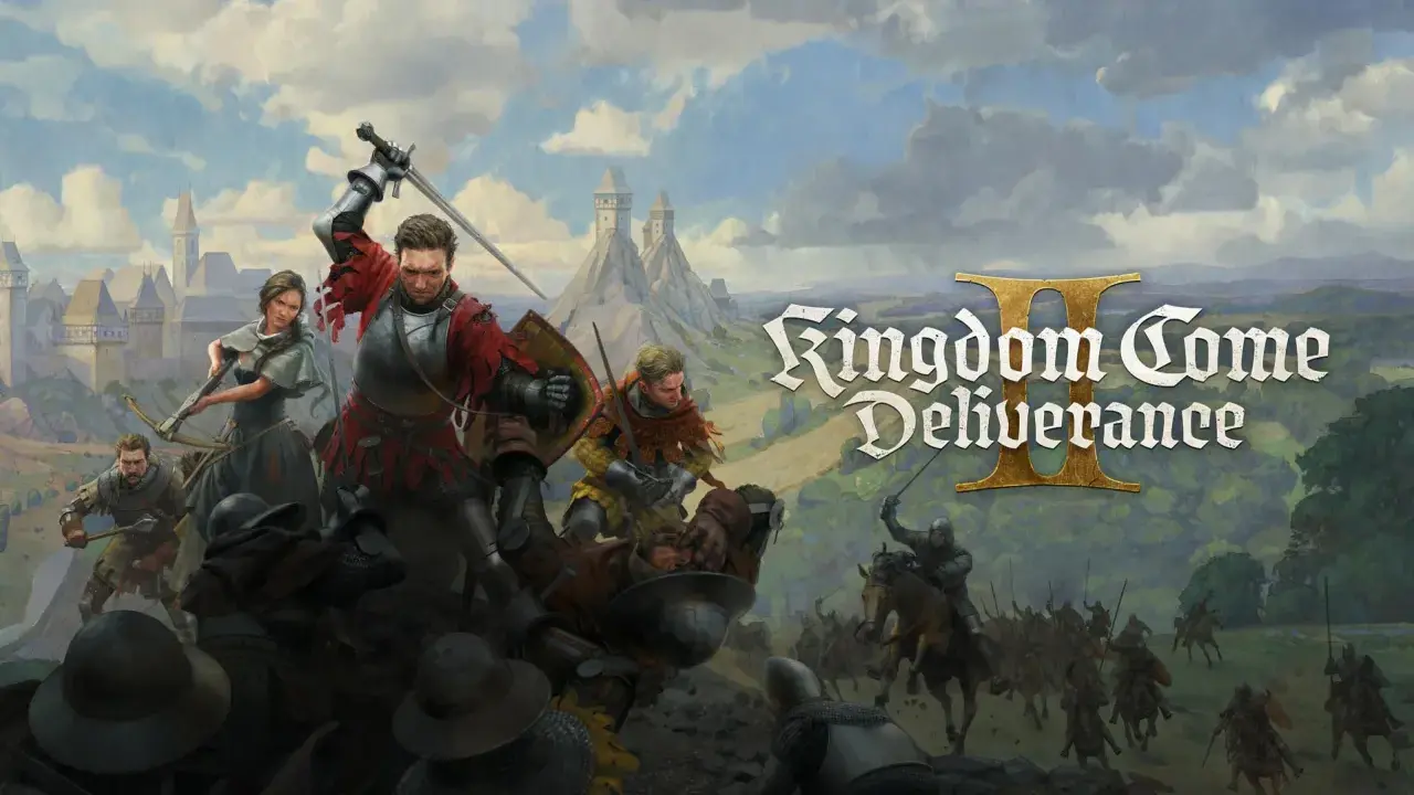 Bitwa w Kingdom Come: Deliverance II. Rycerze walczą mieczami i kuszą, a w tle widać zamek i kawalerię.