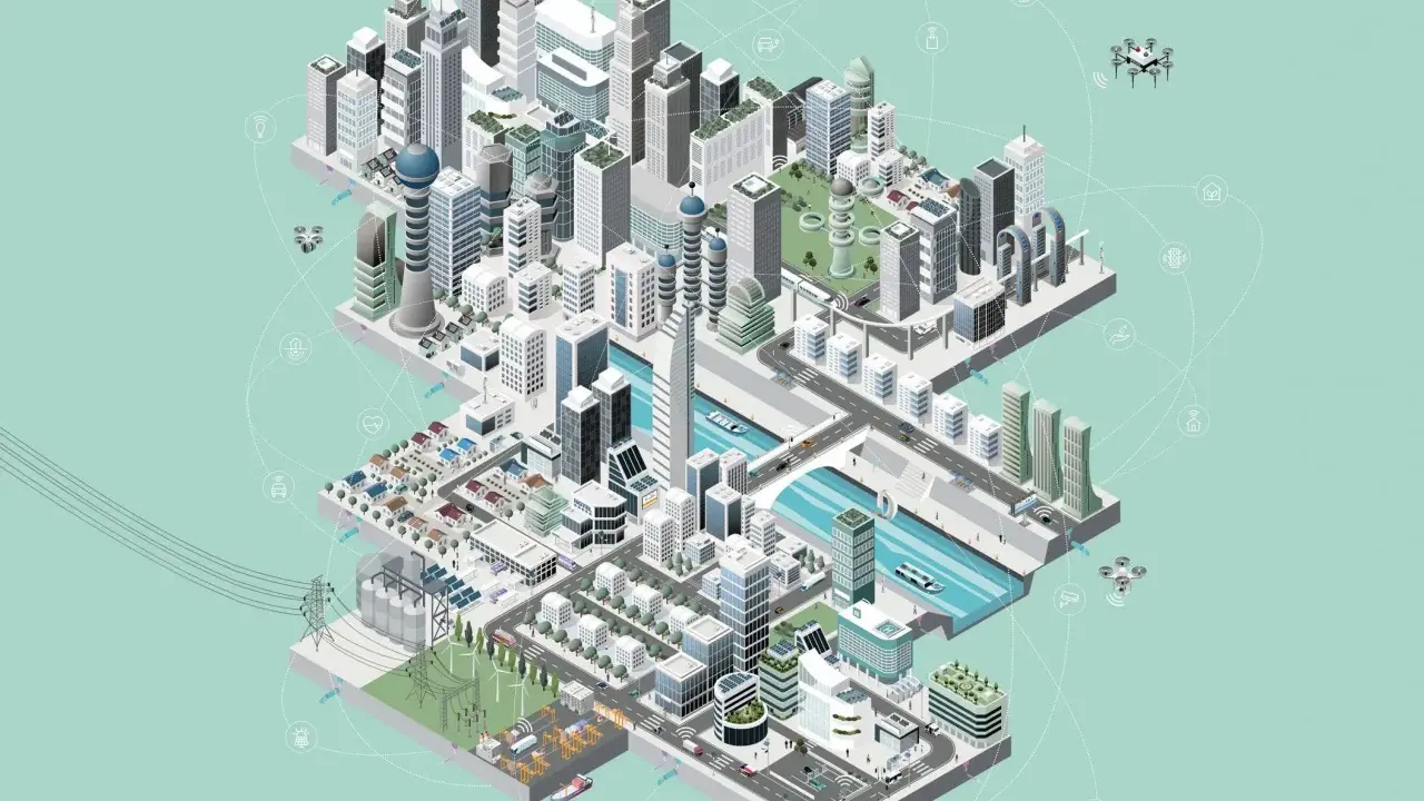 Darmstadt smart city: vernetzte Gebäude, autonome Fahrzeuge, Drohnen und erneuerbare Energien prägen die futuristische Stadtlandschaft.