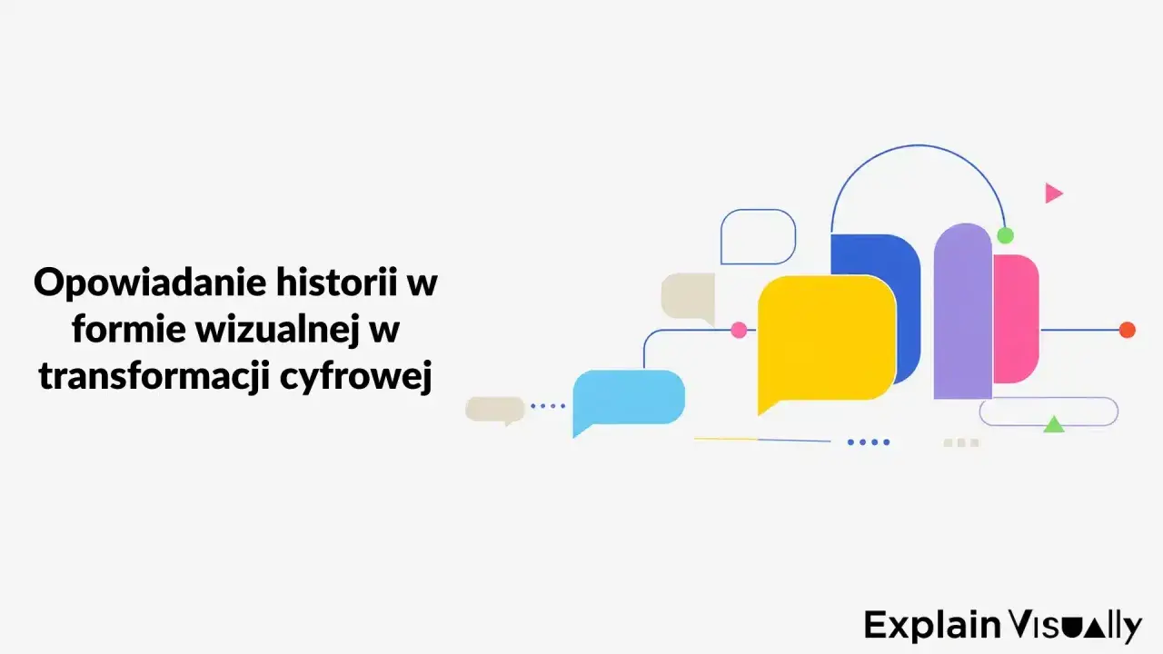 Opowiadanie historii w formie wizualnej w transformacji cyfrowej. Kolorowe dymki i kształty symbolizują komunikację i nowoczesne podejście do storytellingu.