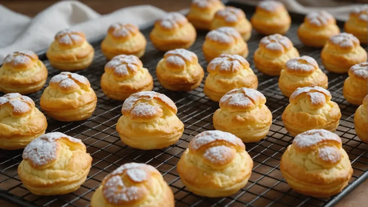 Une grille remplie de choux pâtissiers dorés, saupoudrés de sucre glace. Ils attendent d'être dégustés.