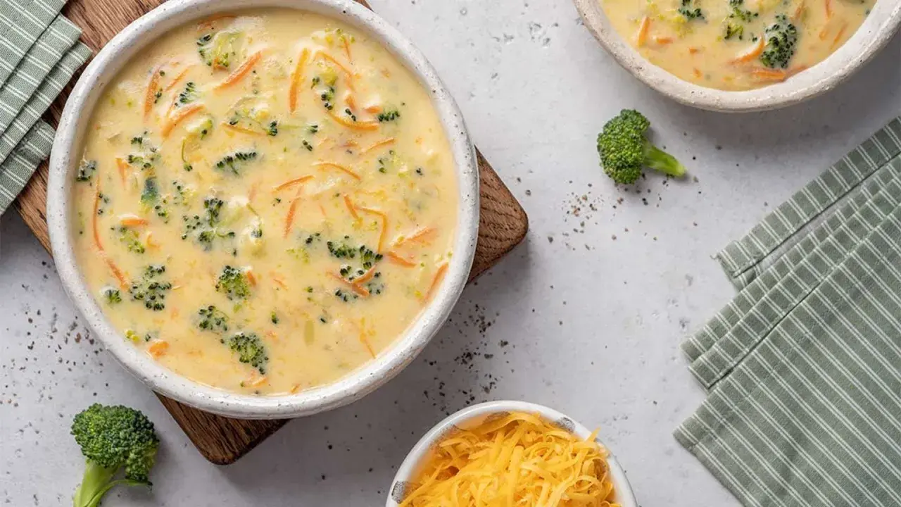 Un cremoso puré de brócoli y zanahoria, con trozos visibles de brócoli y ralladura de queso, servido en un cuenco blanco.
