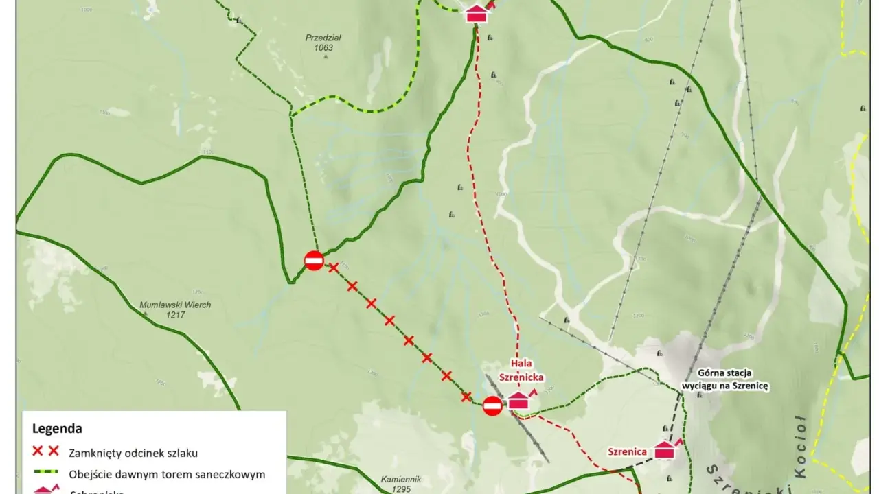 Mapa Karkonoszy: czerwone linie oznaczają zamknięte szlaki, zielone obwodnice. Czy szlaki w Karkonoszach są otwarte? Sprawdź mapę!