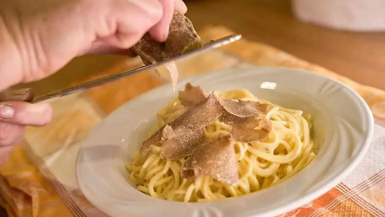 Un piatto di spaghetti conditi con tartufo fresco, un'esperienza culinaria tipica delle sagre tartufo toscana.