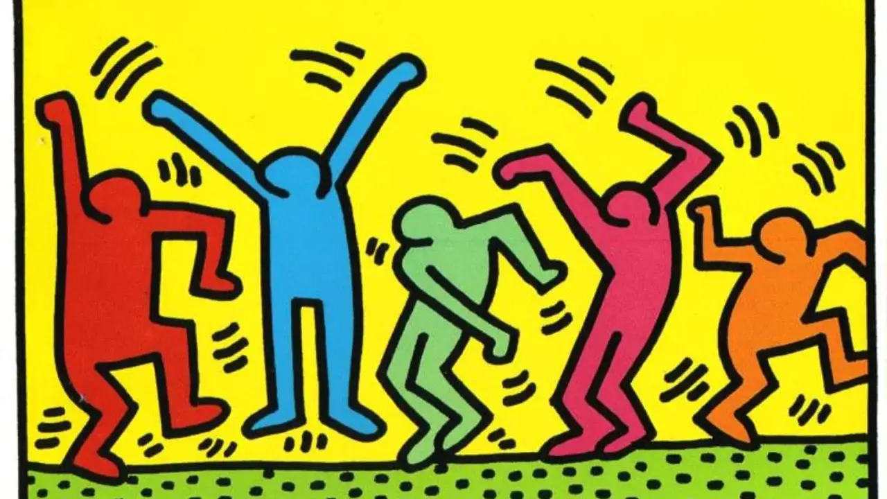 Keith Haring dancing figures meaning: vibrant, stylized figures in motion, embodying joy and unity.
