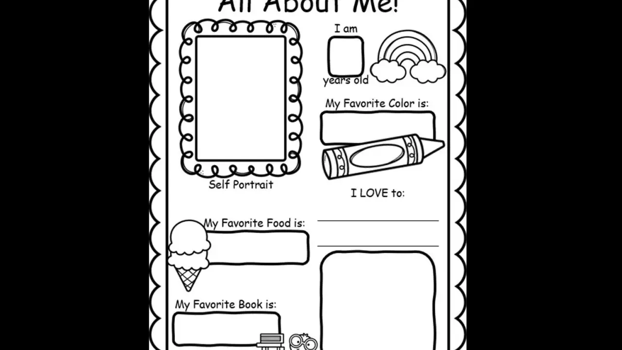 Scheda "All About Me" per la scuola primaria: spazio per autoritratto, età, colore preferito, cibo, libro e attività preferite.
