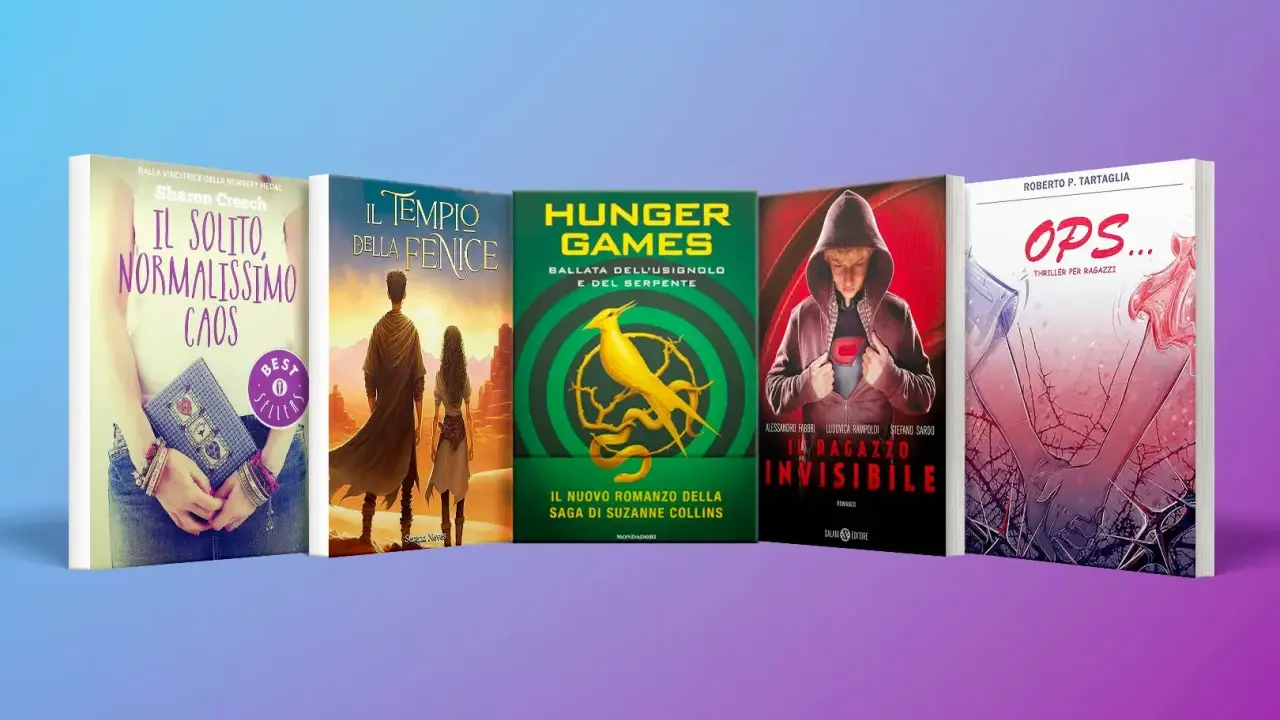 Libri per ragazzi scuola media: "Il solito, normalissimo caos", "Il tempio della fenice", "Hunger Games", "Il ragazzo invisibile" e "Ops...".
