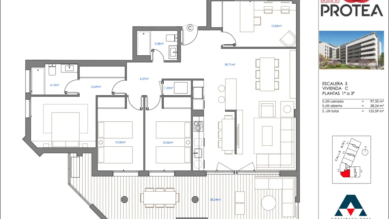 Plano de vivienda con distribución de habitaciones y terraza. La orientación ideal para una casa en España es clave para el confort.