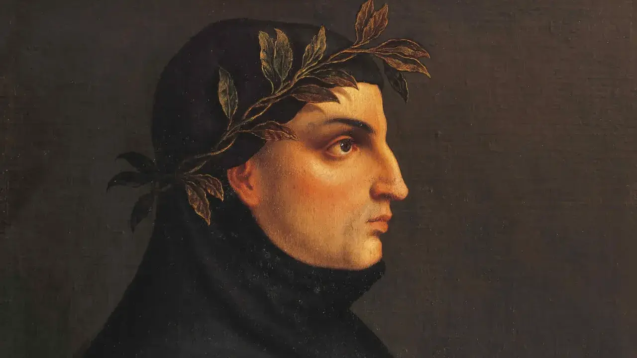 Ritratto di un uomo con corona d'alloro, che ricorda il riassunto di Andreuccio da Perugia e le sue avventure.