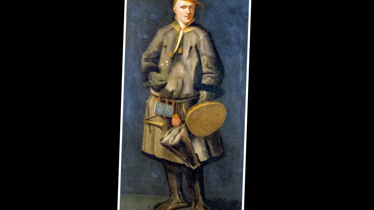 Porträtt av Carl von Linné i samisk dräkt, med en blombukett i handen.