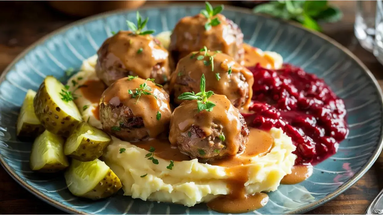 Pyszne szwedzkie jedzenie: klopsiki w sosie, puree ziemniaczane, pikle i żurawina.