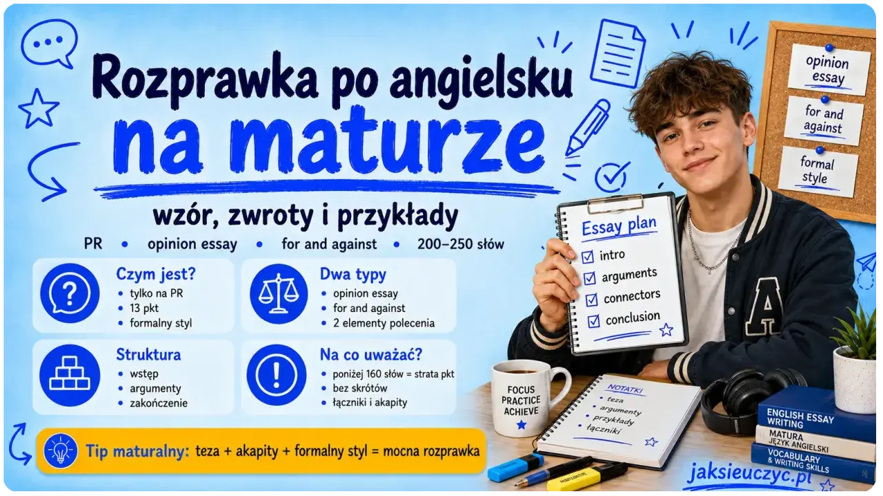 Chłopak prezentuje plan eseju typu opinion essay. Grafika zawiera wskazówki dotyczące struktury i typów rozprawki na maturze.