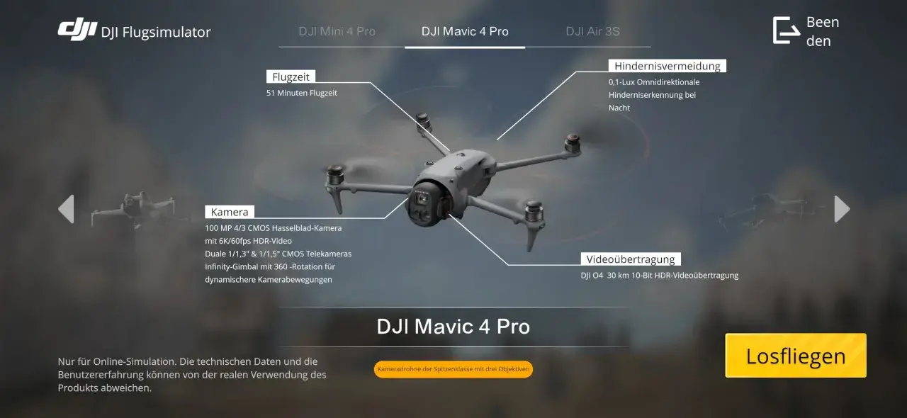DJI Flugsimulator zeigt die DJI Mavic 4 Pro mit Details zu Flugzeit, Kamera und Hindernisvermeidung.