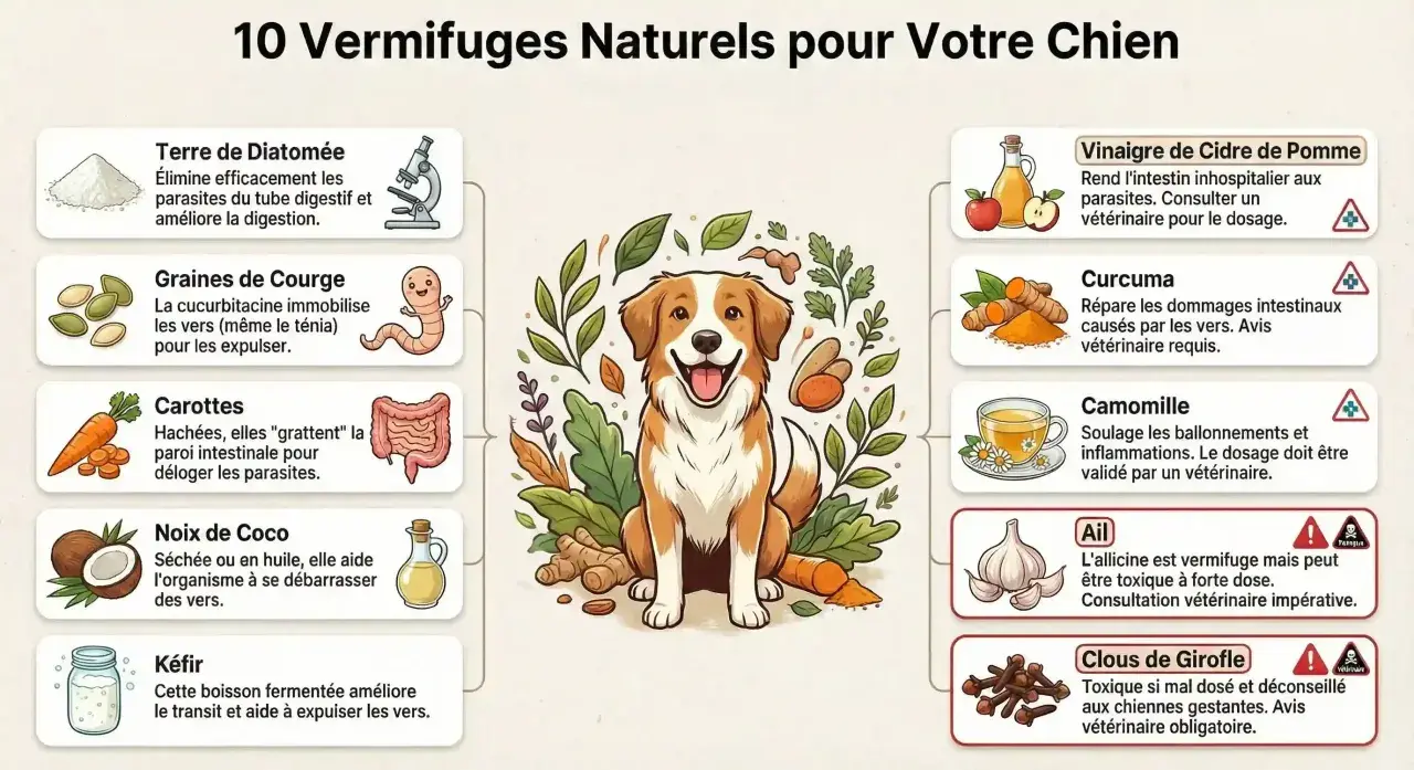 Un chien joyeux entouré d'ingrédients naturels pour lutter contre les vers. L'image liste 10 remèdes, comme les graines de courge, pour aider votre chien.