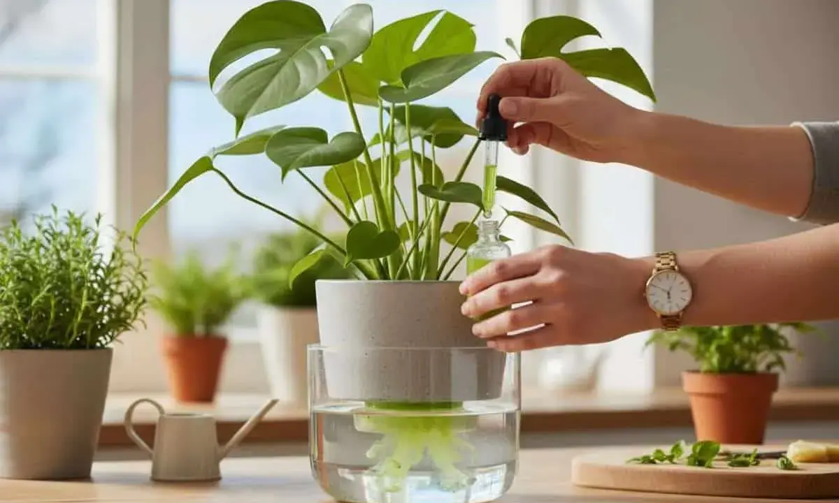 Une main ajoute une goutte d'engrais hydroponique maison à un pot de Monstera en train de pousser dans l'eau.