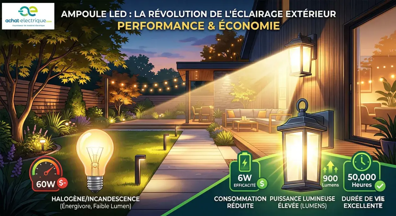 Jardin illuminé par des lanternes LED modernes, contrastant avec une ampoule halogène énergivore. Économie et performance.